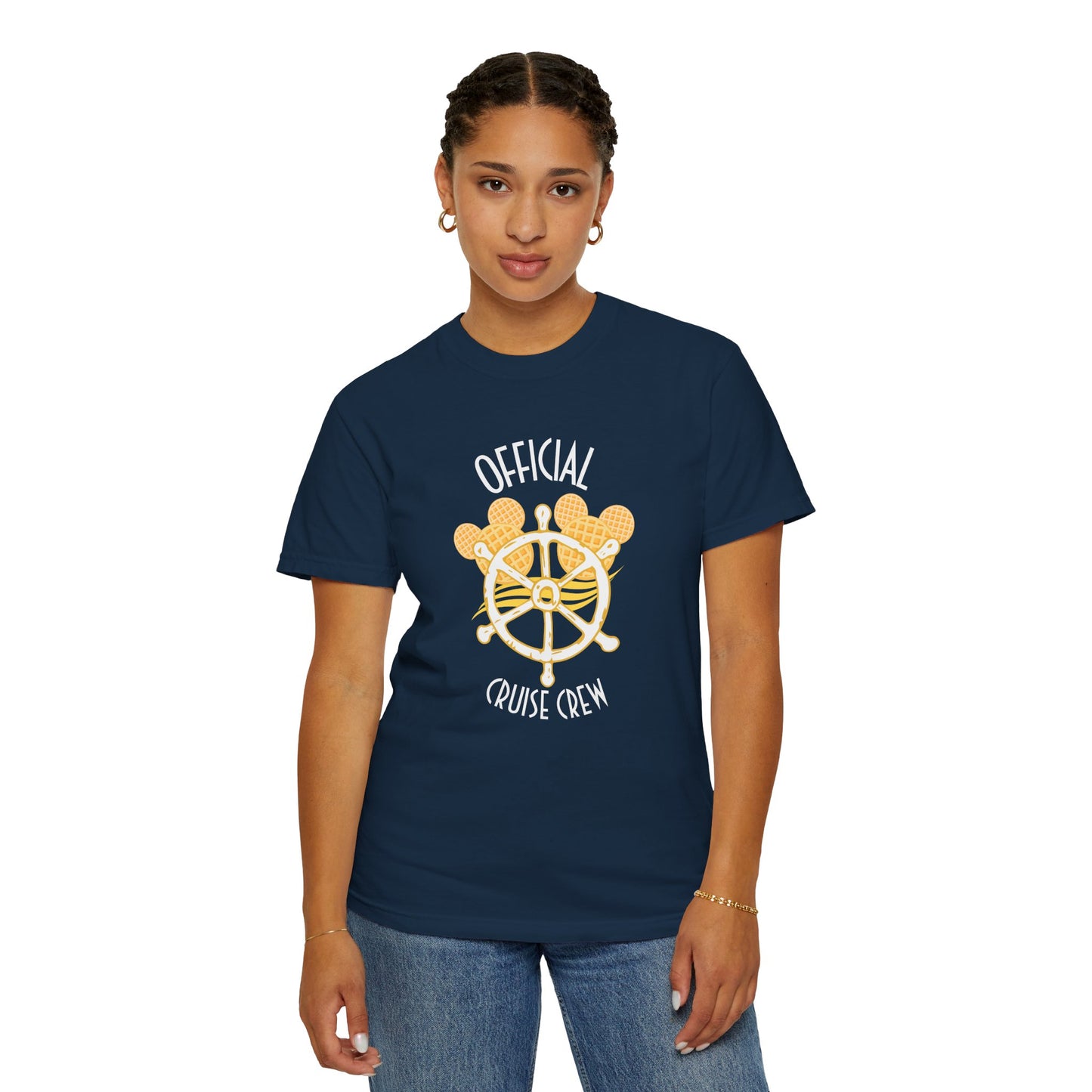 Person wearing a navy blue t-shirt with 'Official Cruise Crew' design on a white background