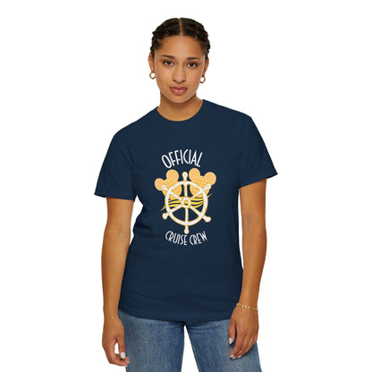 Person wearing a navy blue t-shirt with 'Official Cruise Crew' design on a white background