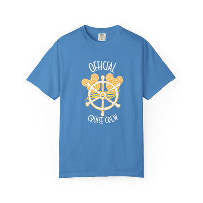 Blue t-shirt with a ship wheel graphic and 'Official Cruise Crew' text on a white background