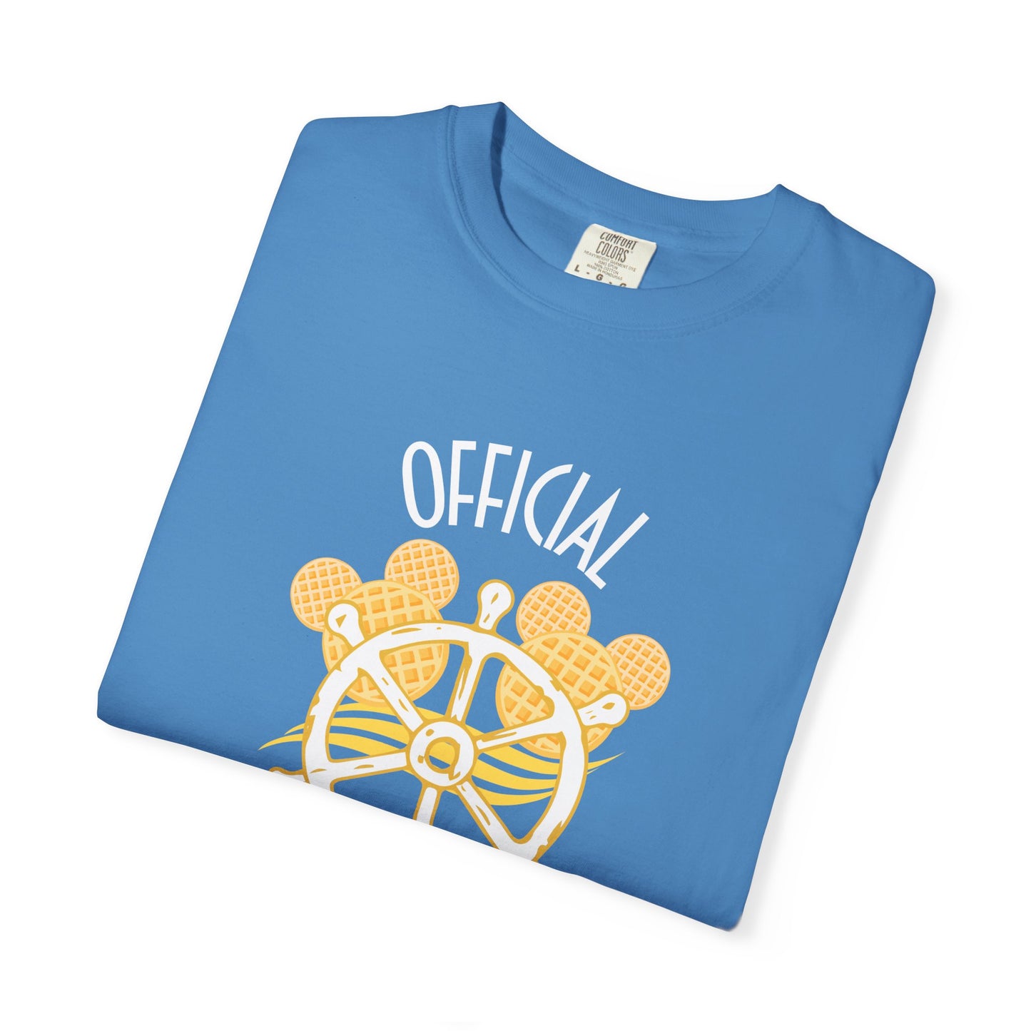 Folded blue t-shirt with yellow graphic and 'OFFICIAL' text on a white background