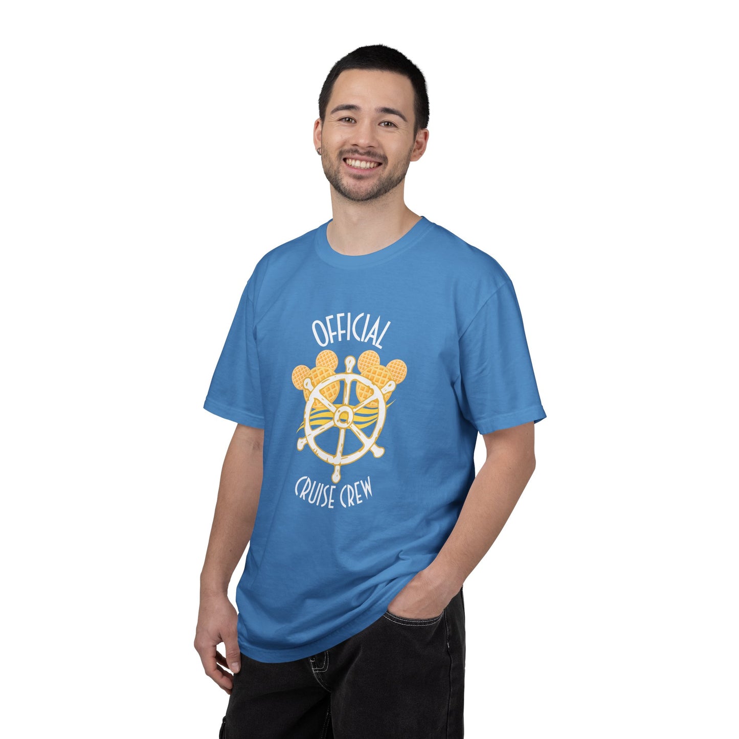 Man wearing a blue t-shirt with 'Official Cruise Crew' design on a white background