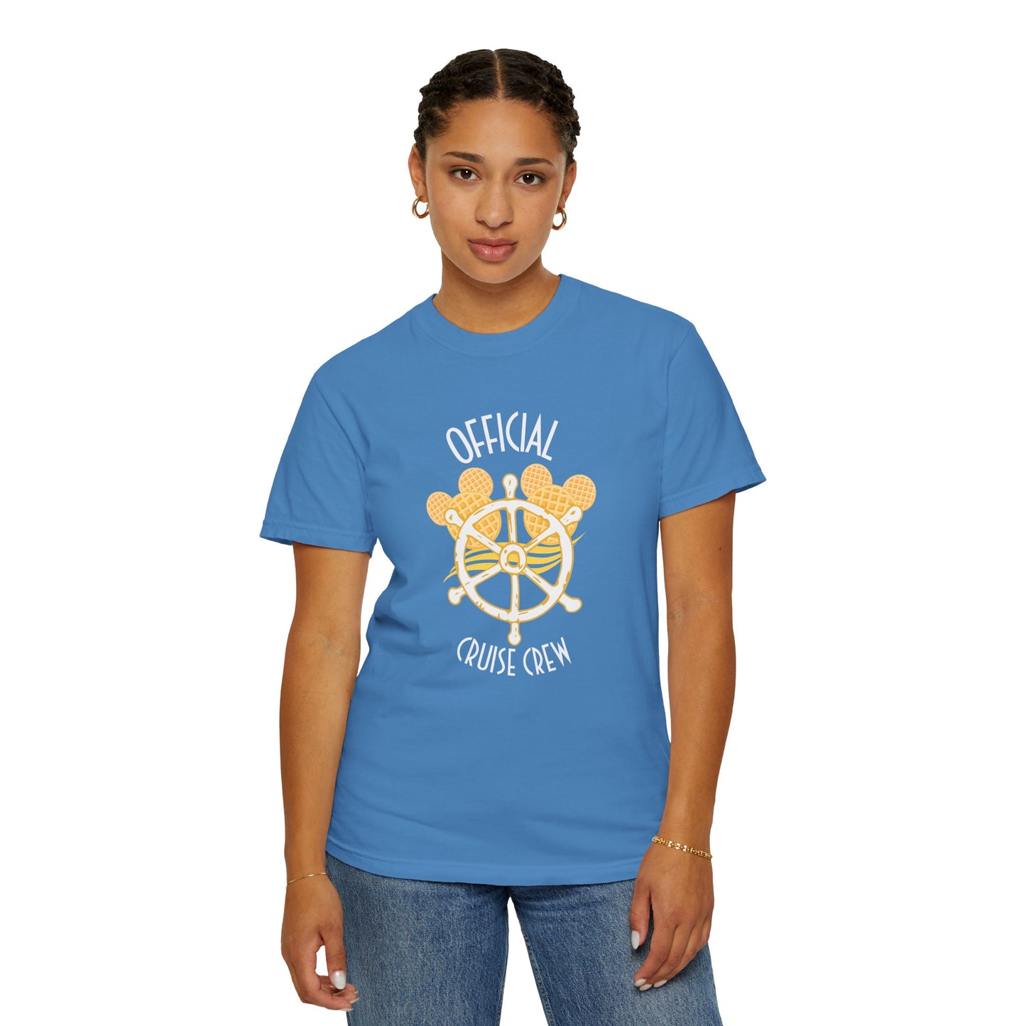 Person wearing a blue t-shirt with 'Official Cruise Crew' design on a white background