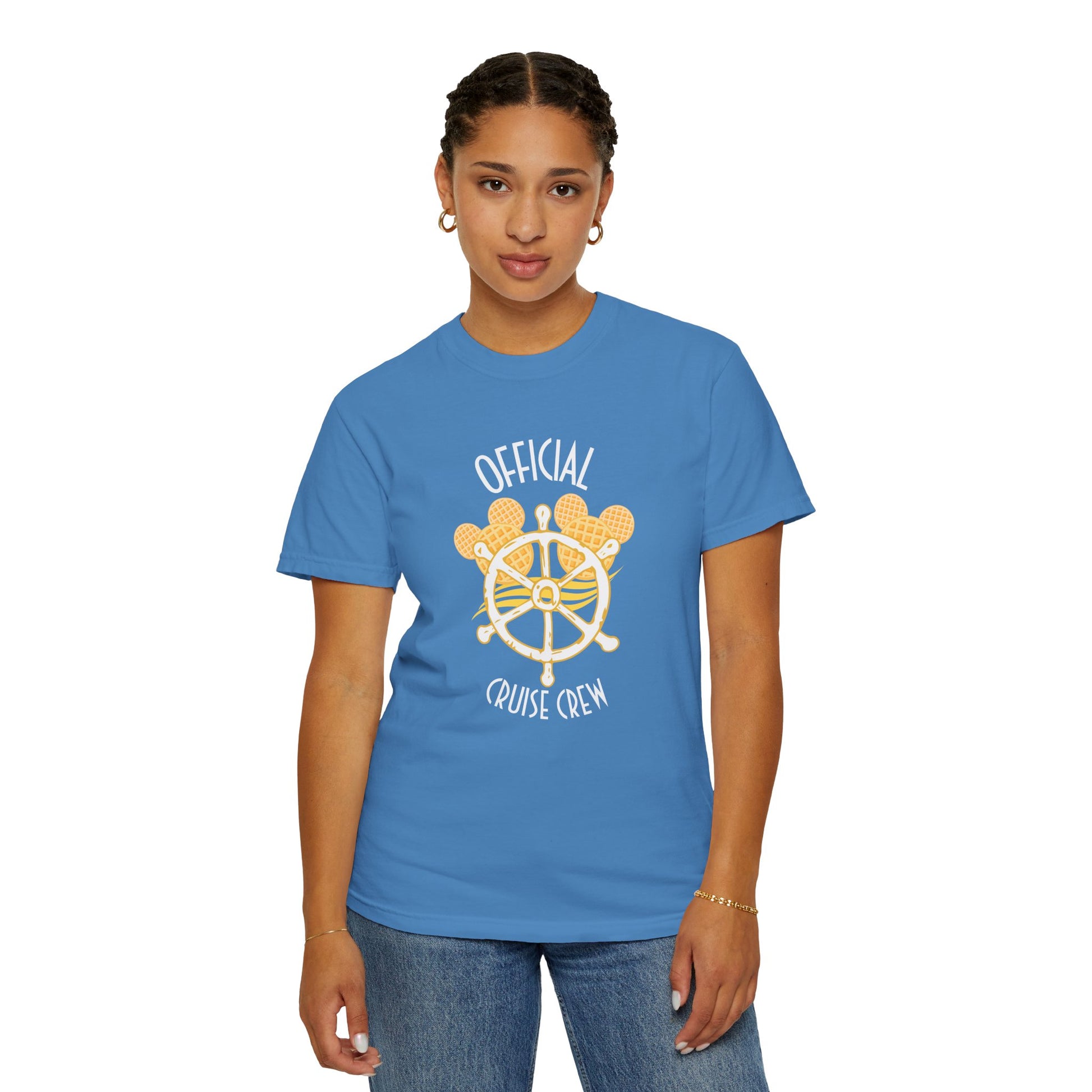 Person wearing a blue t-shirt with 'Official Cruise Crew' design on a white background