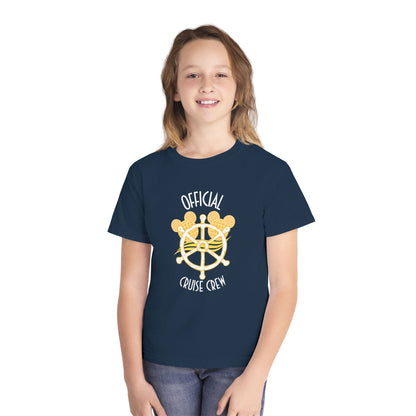 Child wearing a navy blue t-shirt with a yellow ship wheel design and text on a white background