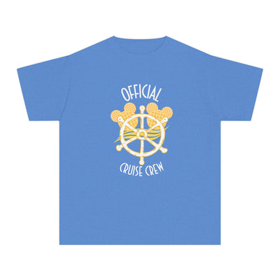 Blue t-shirt with a ship's wheel graphic and 'Official Cruise Crew' text on a white background
