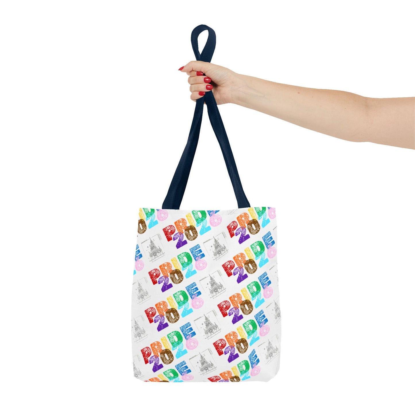 Tote bag with 'Pride 2026' pattern held by a hand on a white background