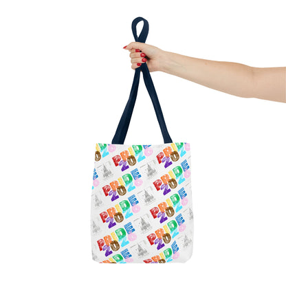 Tote bag with 'Pride 2026' pattern held by a hand on a white background