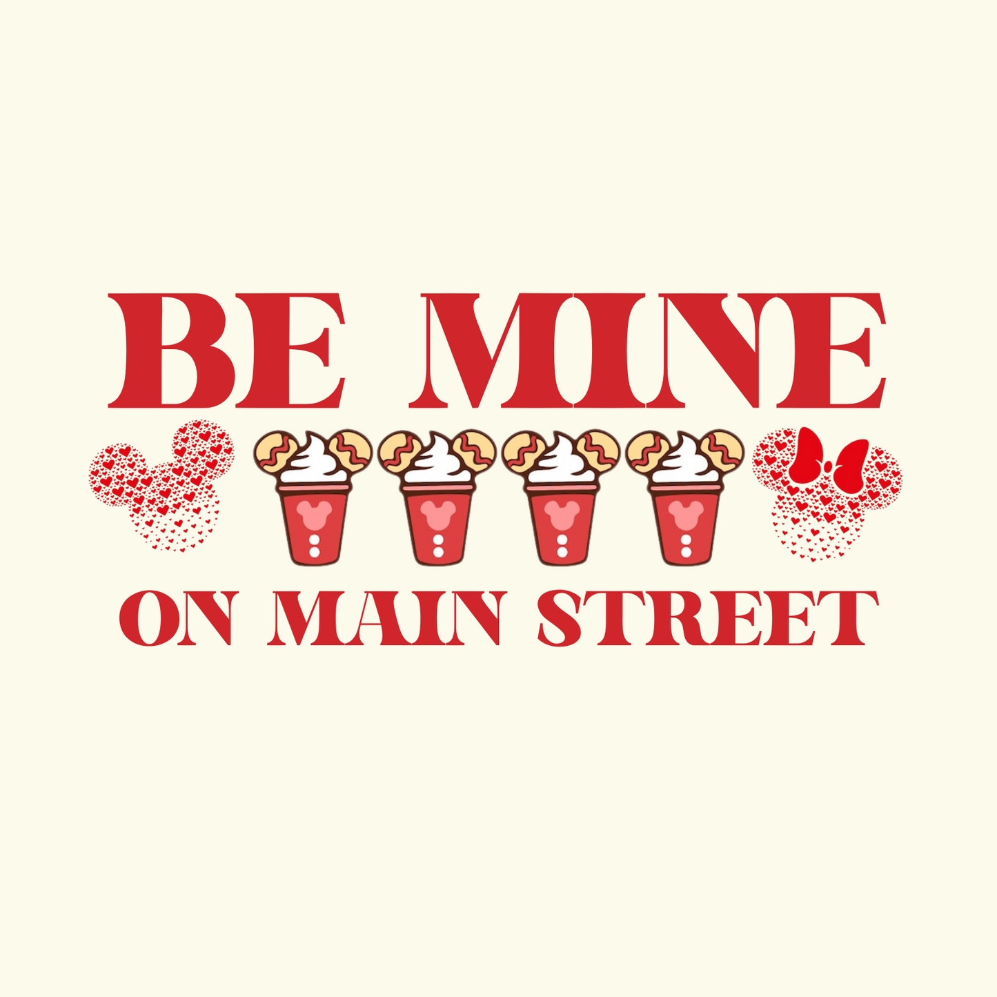 Valentine's Day-themed text with red and pink elements on a beige background