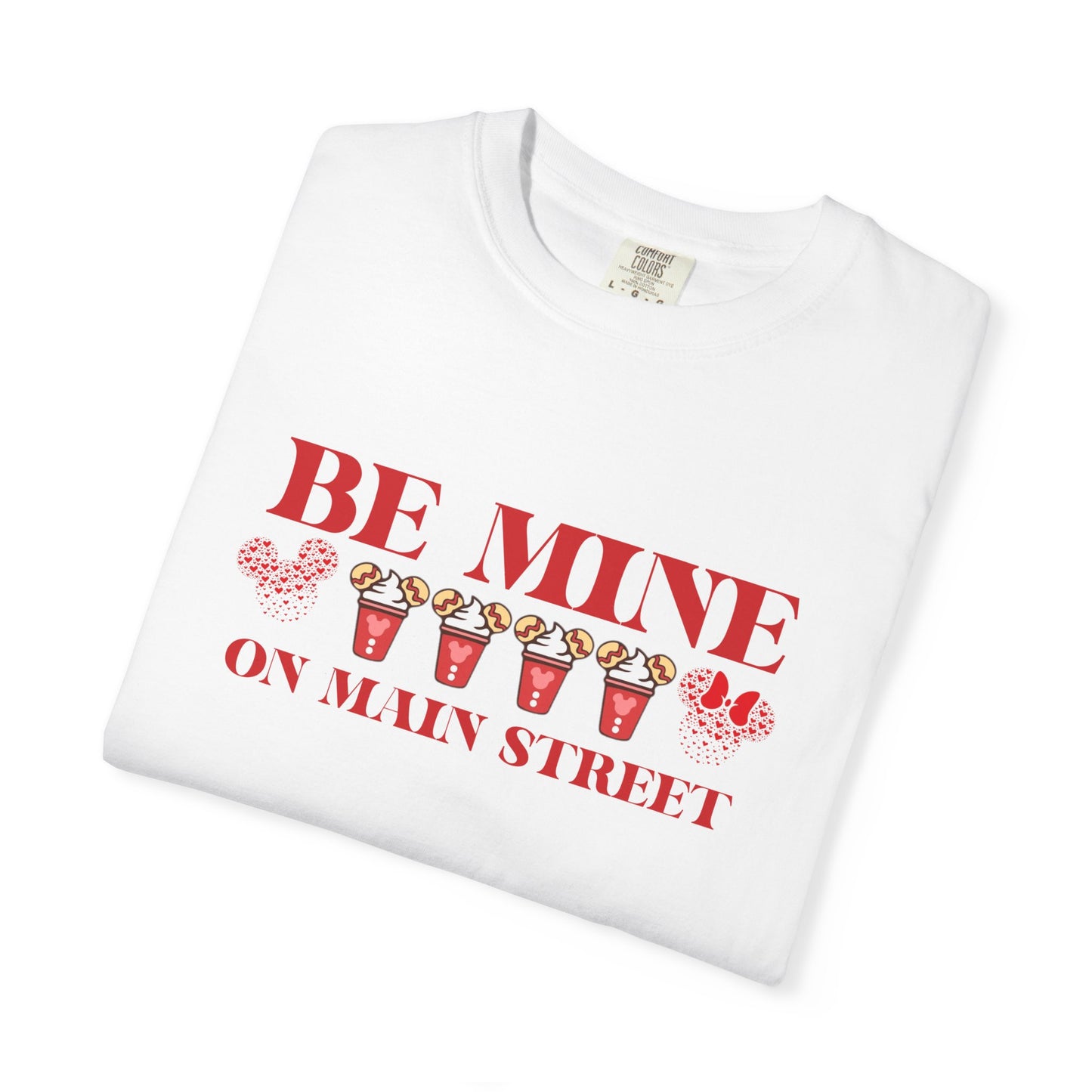 White t-shirt with red text and graphics on a white background