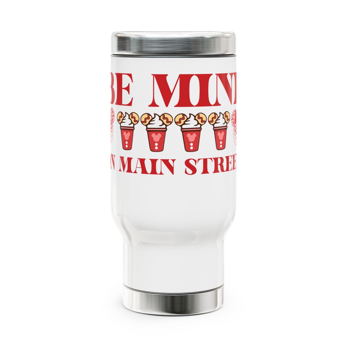 White tumbler with red text and fries design on a white background