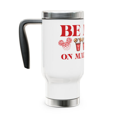 White travel mug with red text and graphics on a white background