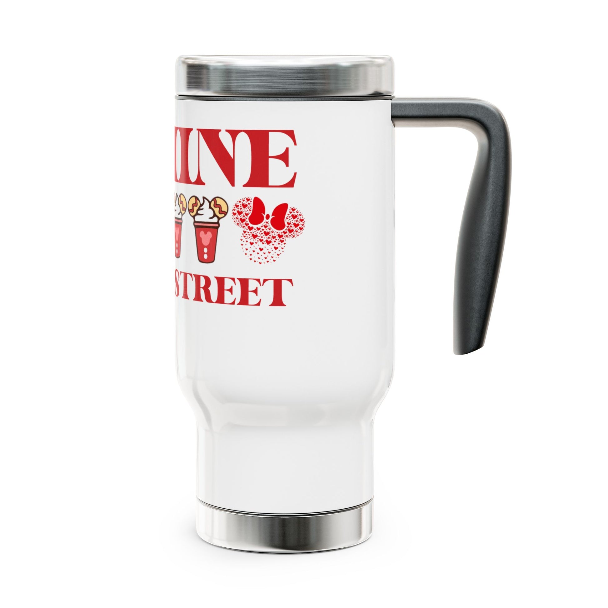 White travel mug with red text and graphics on a white background