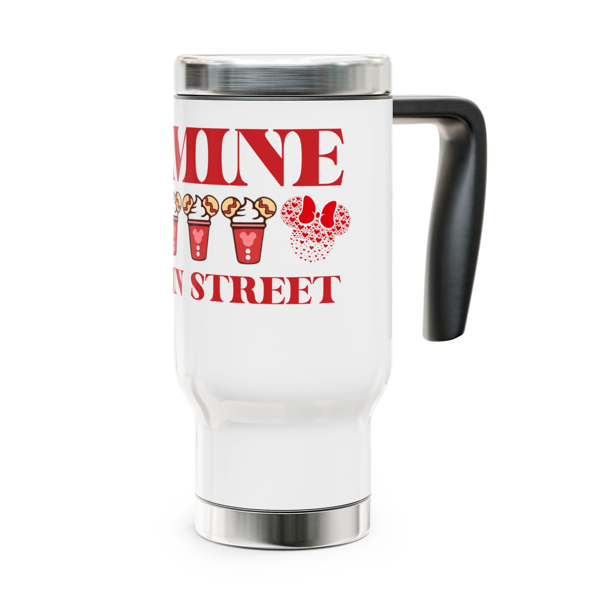 White travel mug with red text and graphics on a white background