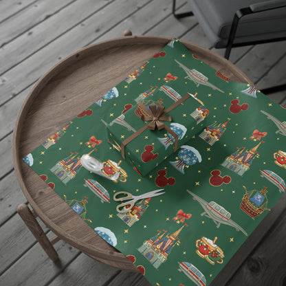 Gift box on a green patterned surface with a wooden tray underneath