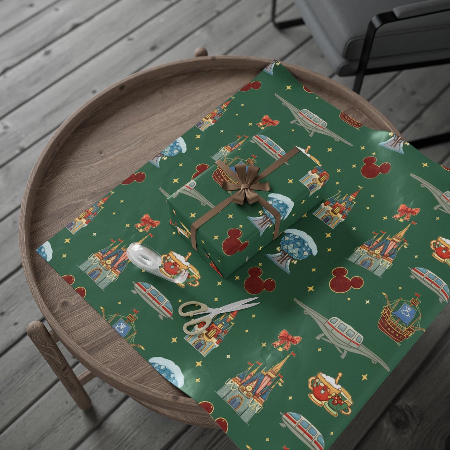 Gift box on a table with Disney-themed wrapping paper