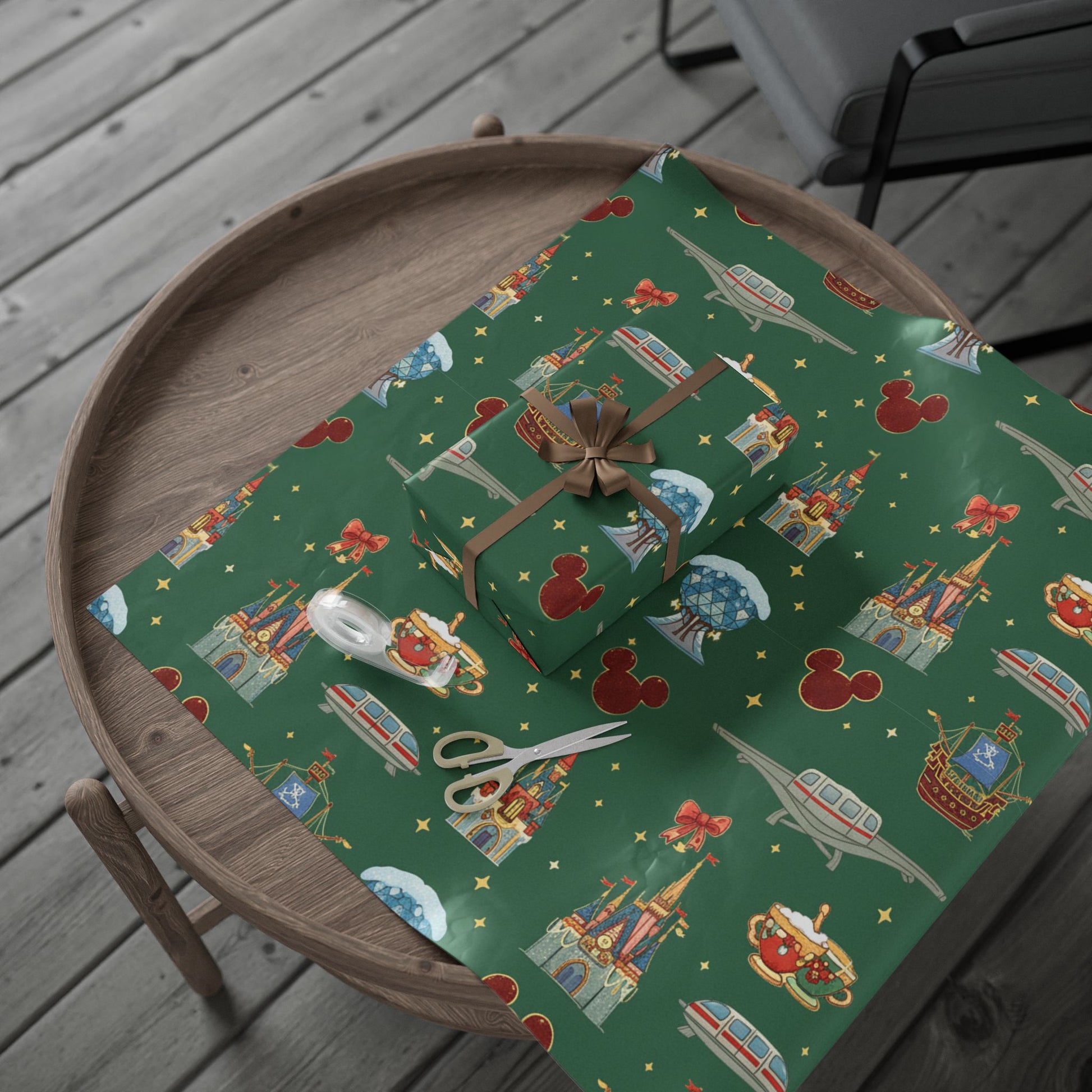 Gift box on a table with Disney-themed wrapping paper