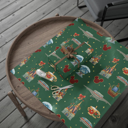 Gift box on a table with Disney-themed wrapping paper
