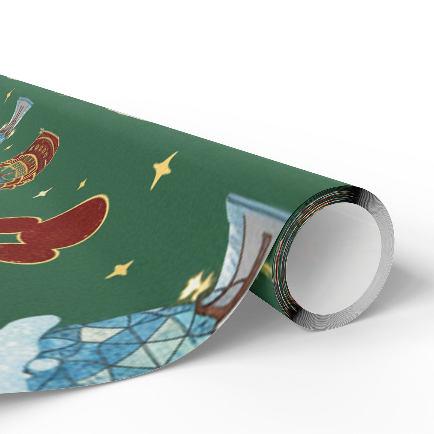Roll of green wrapping paper with space-themed design on a white background