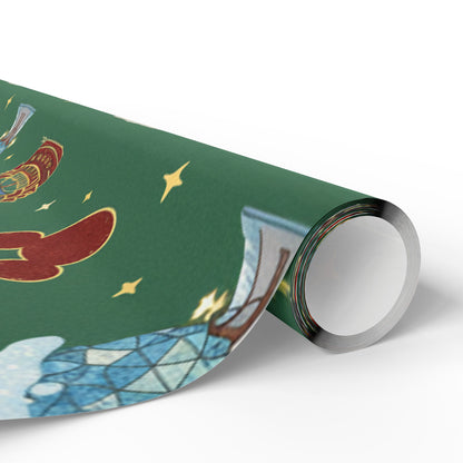 Roll of green wrapping paper with space-themed design on a white background