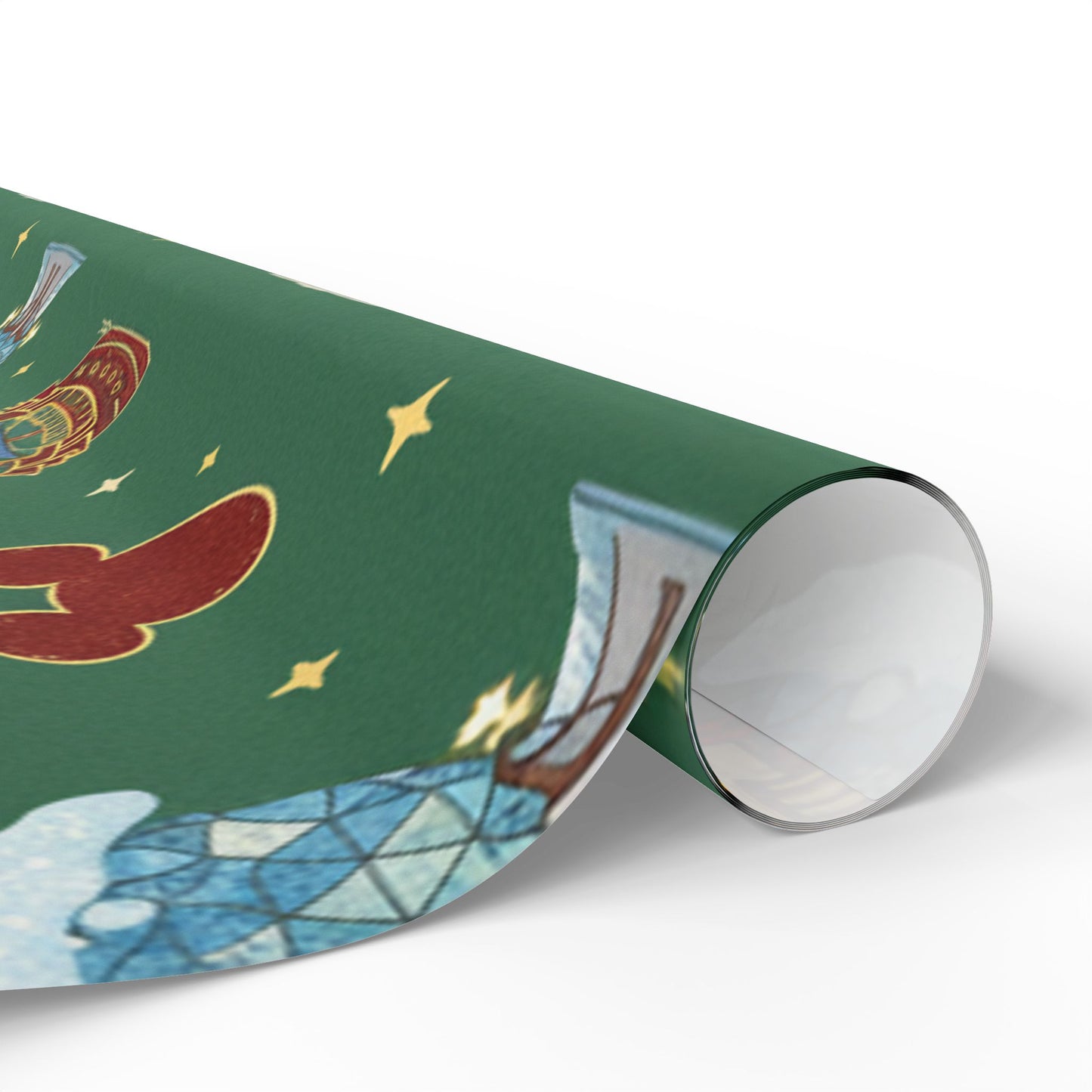 Roll of green wrapping paper with a colorful design on a white background
