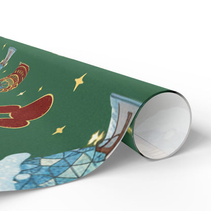 Roll of green wrapping paper with a colorful design on a white background