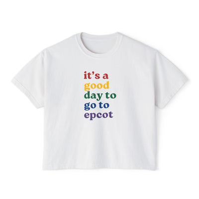 White t-shirt with colorful text 'it's a good day to go to epcot' on a white background