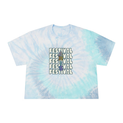 Tie-dye t-shirt with 'Festival' text design on a white background