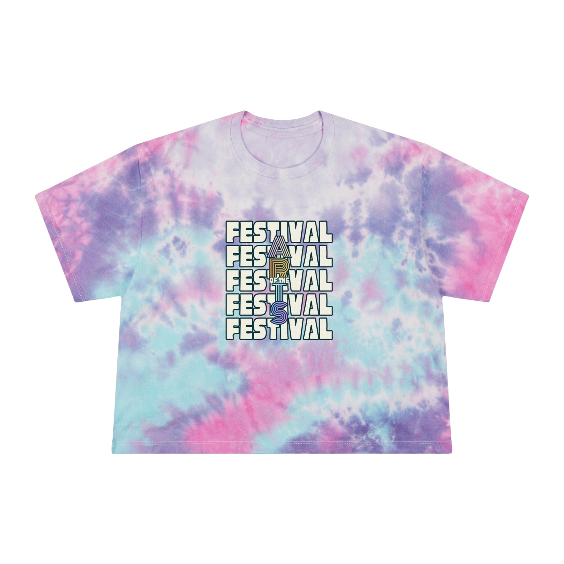 Tie-dye t-shirt with 'Festival' text and graphic on a white background