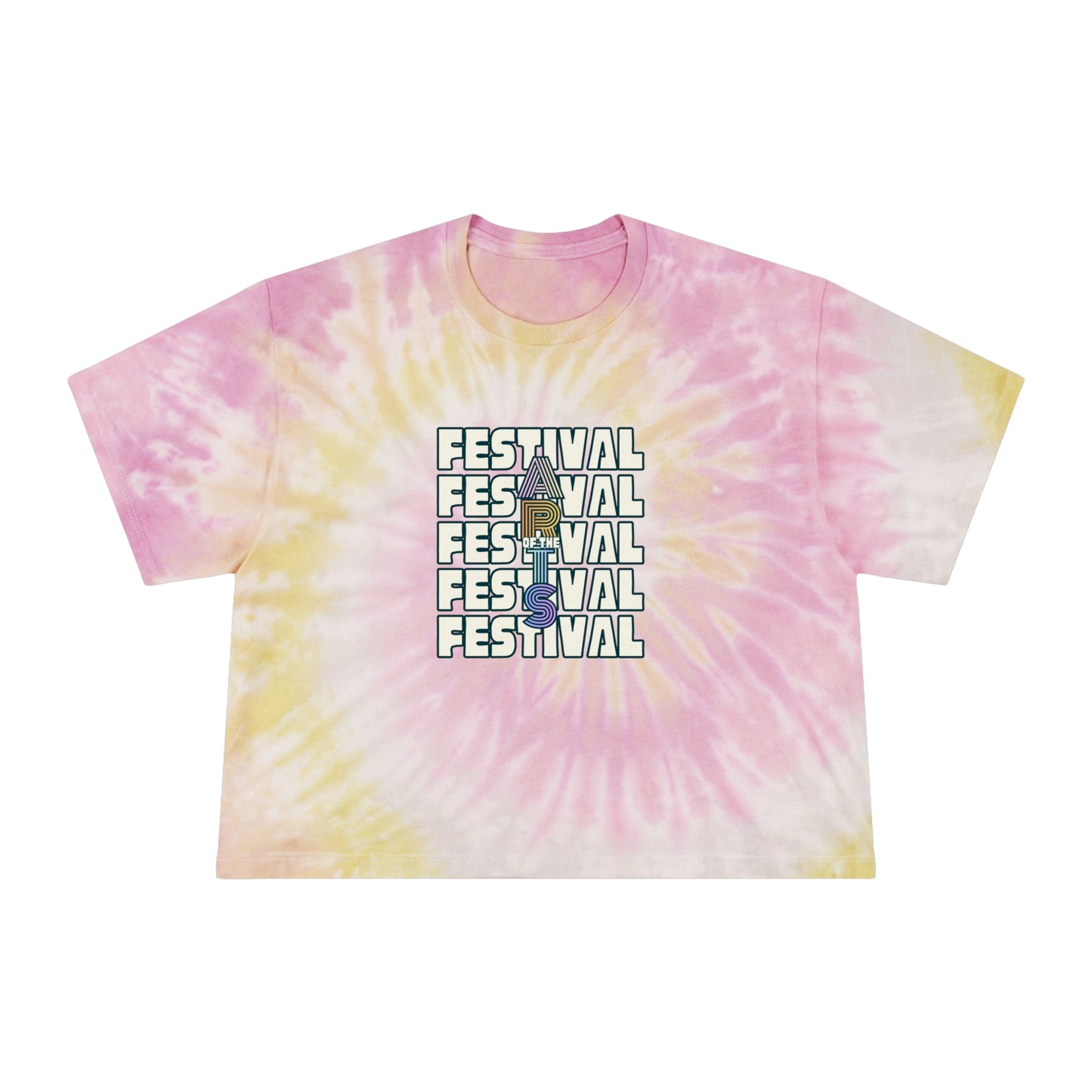 Tie-dye t-shirt with 'Festival' text and graphic on a white background