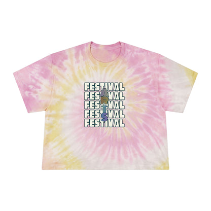 Tie-dye t-shirt with 'Festival' text and graphic on a white background