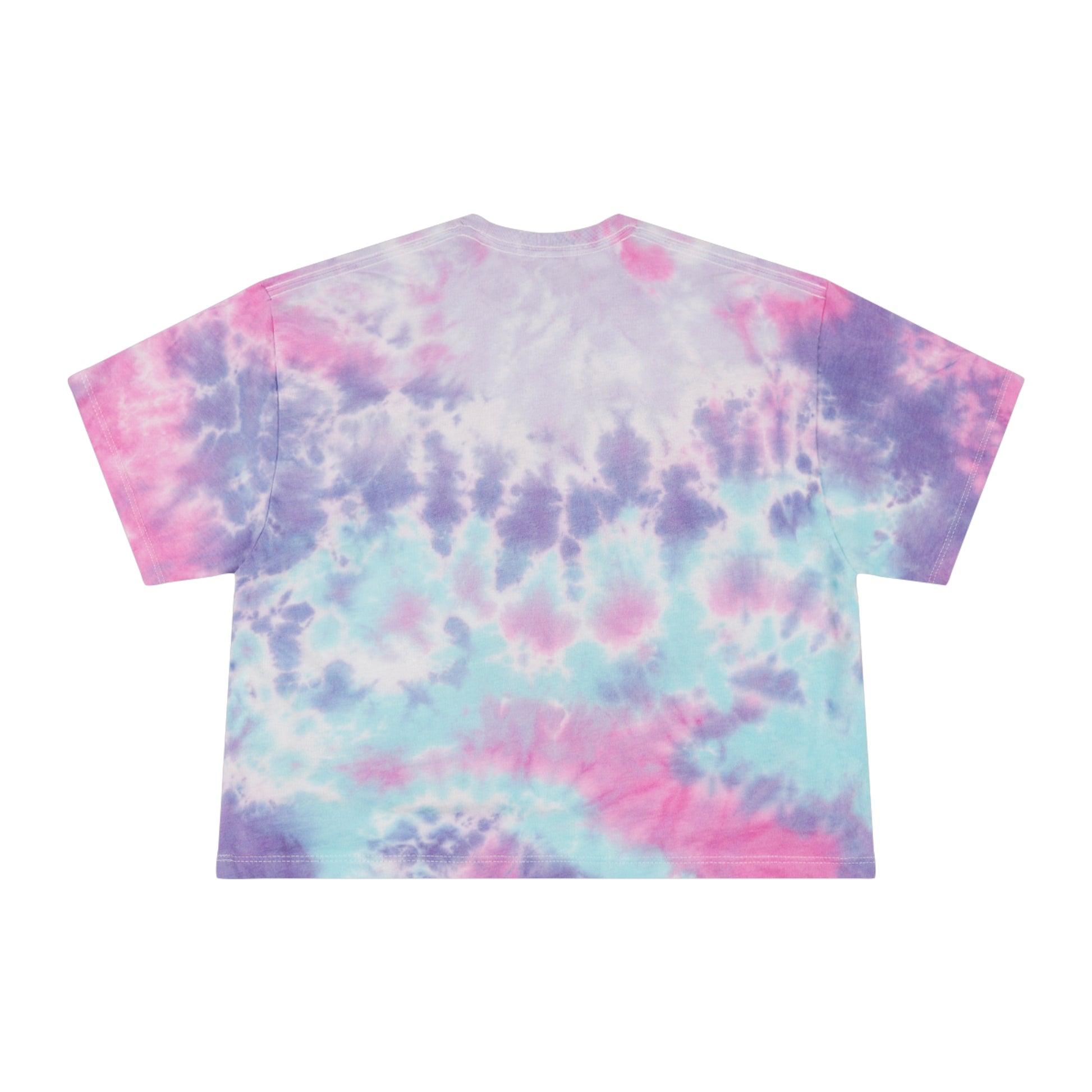Tie-dye t-shirt with pink, purple, and blue patterns on a white background