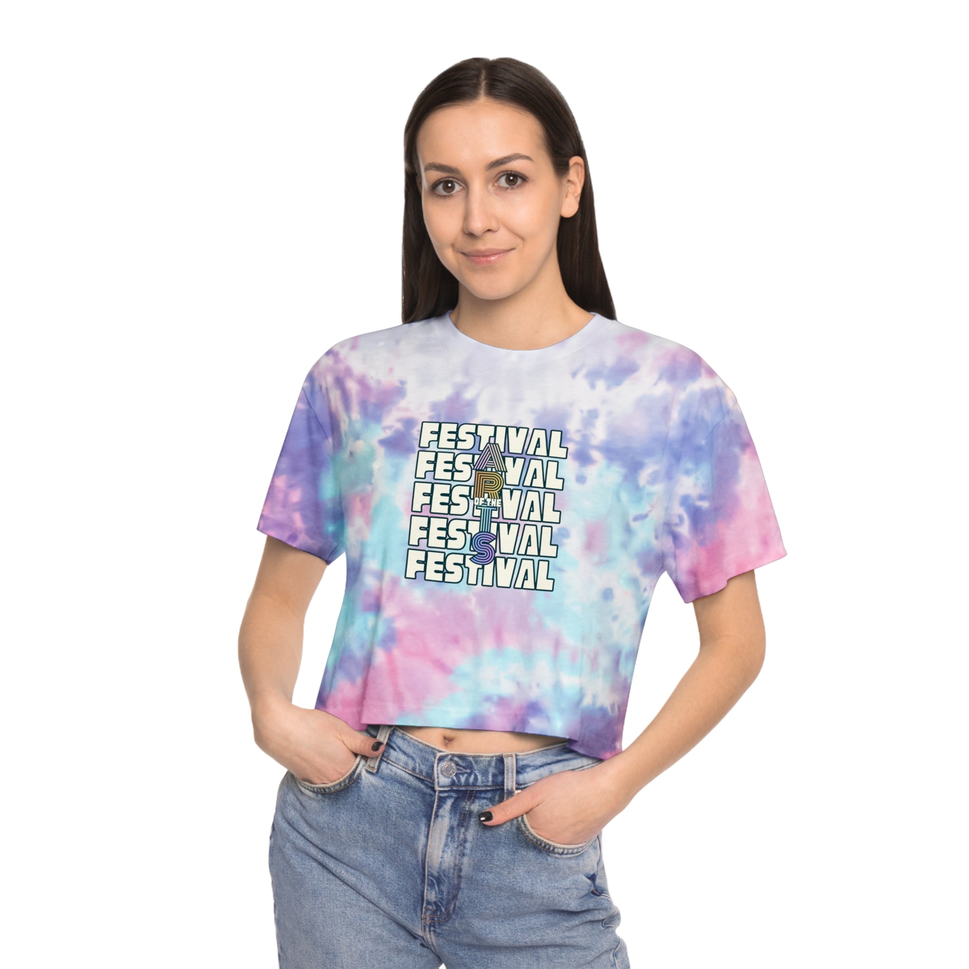 Person wearing a tie-dye crop top with 'Festival' text on a white background