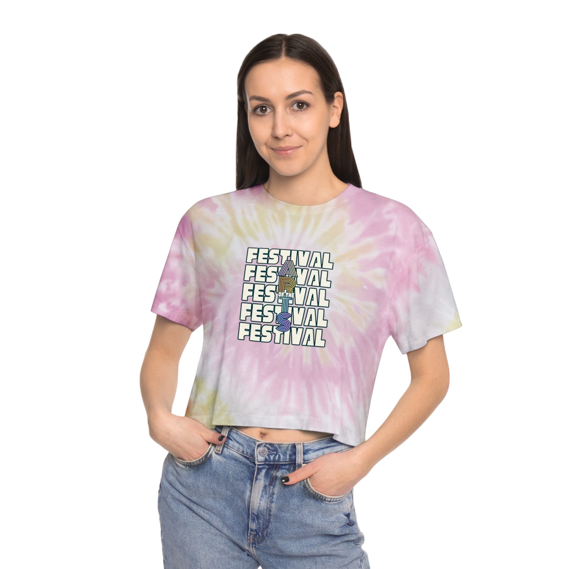 Person wearing a tie-dye crop top with 'Festival' text design on a white background