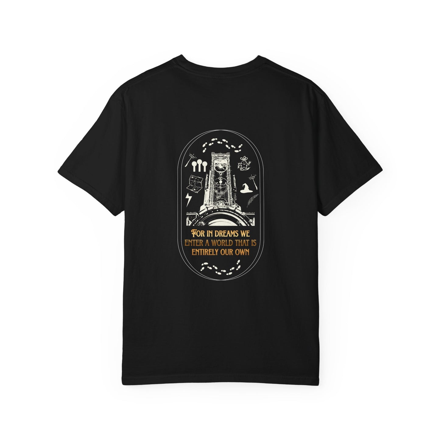 Black t-shirt with white graphic design on a white background