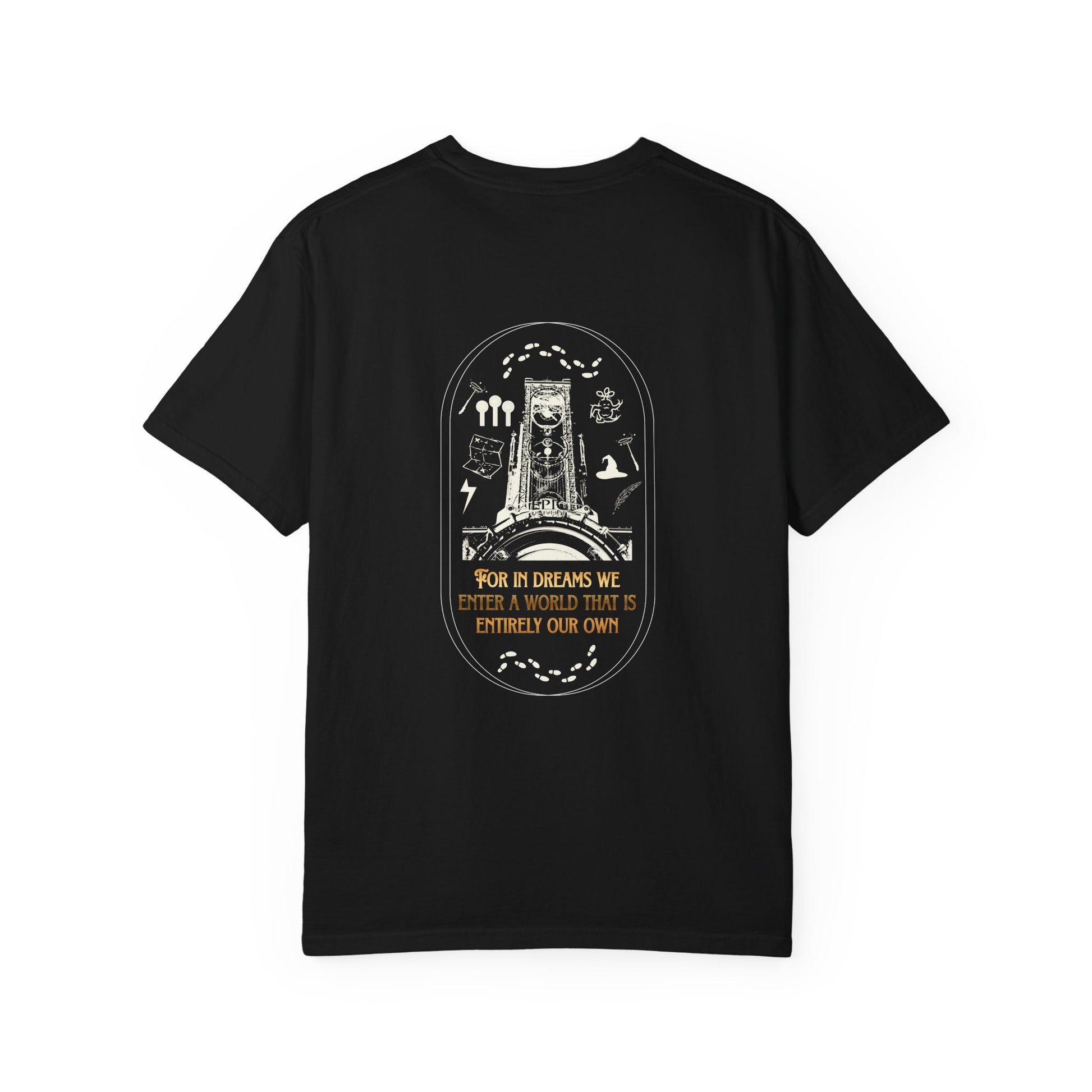 Black t-shirt with white graphic design on a white background