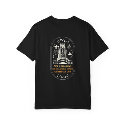Black t-shirt with white graphic design on a white background