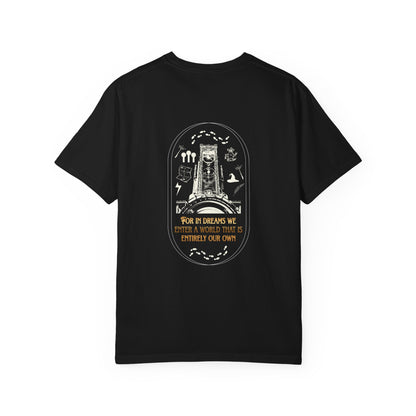 Black t-shirt with white graphic design on a white background