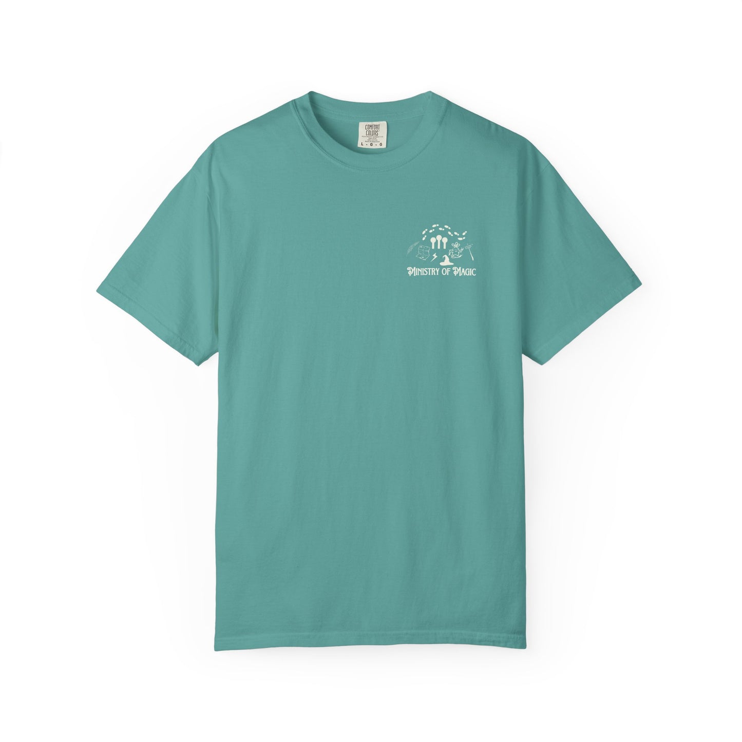 Teal t-shirt with a logo on a white background