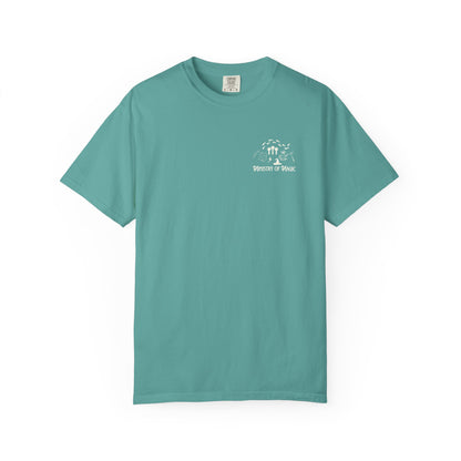 Teal t-shirt with a logo on a white background