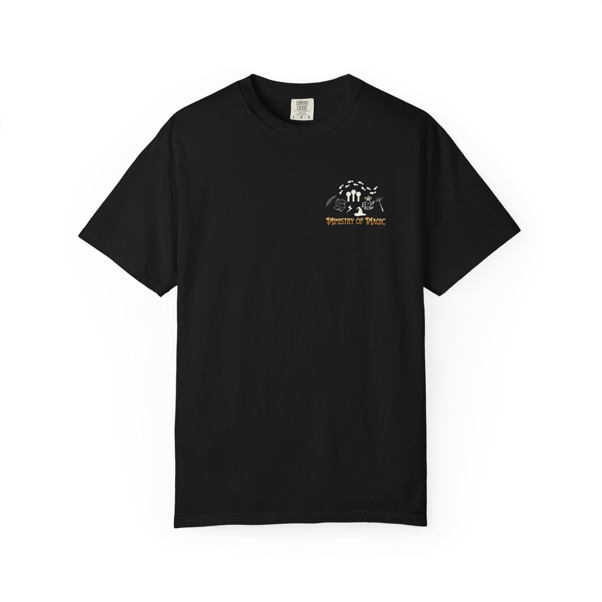 Black t-shirt with a logo on the chest against a white background