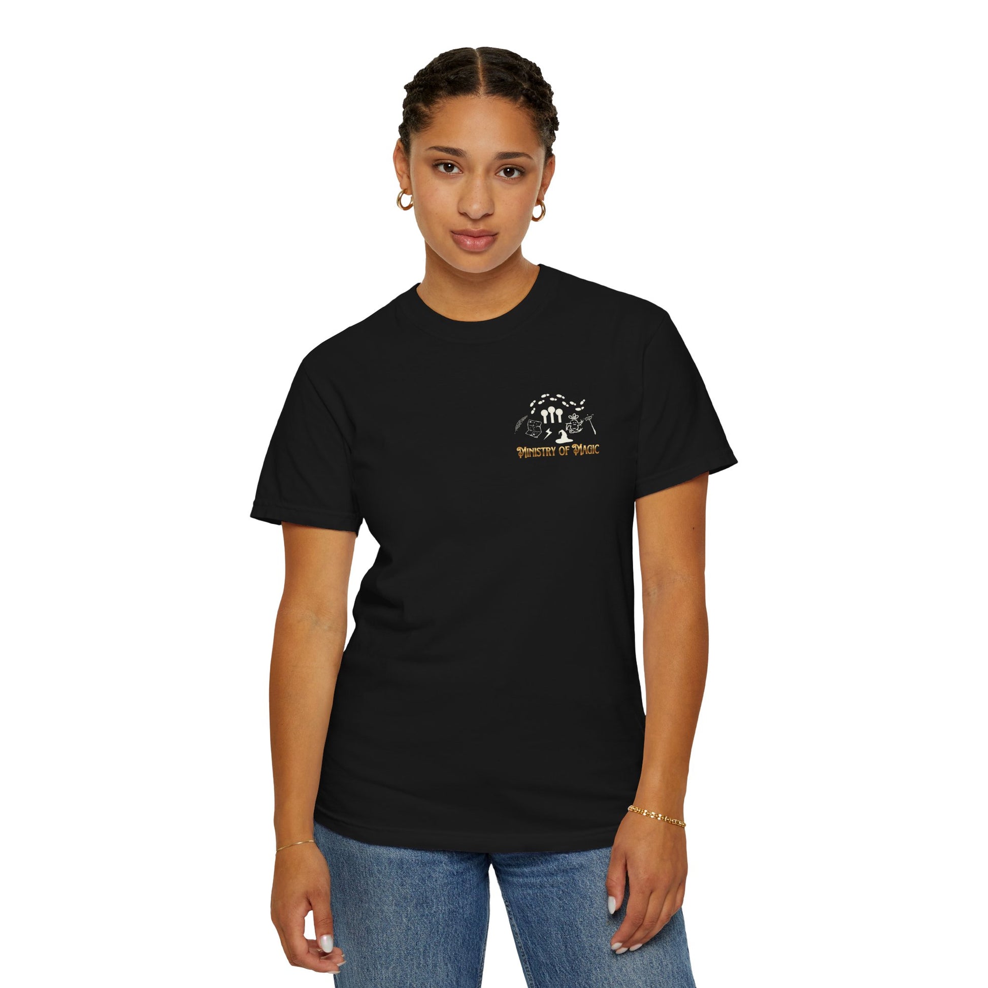 Person wearing a black t-shirt with a logo and text on a white background