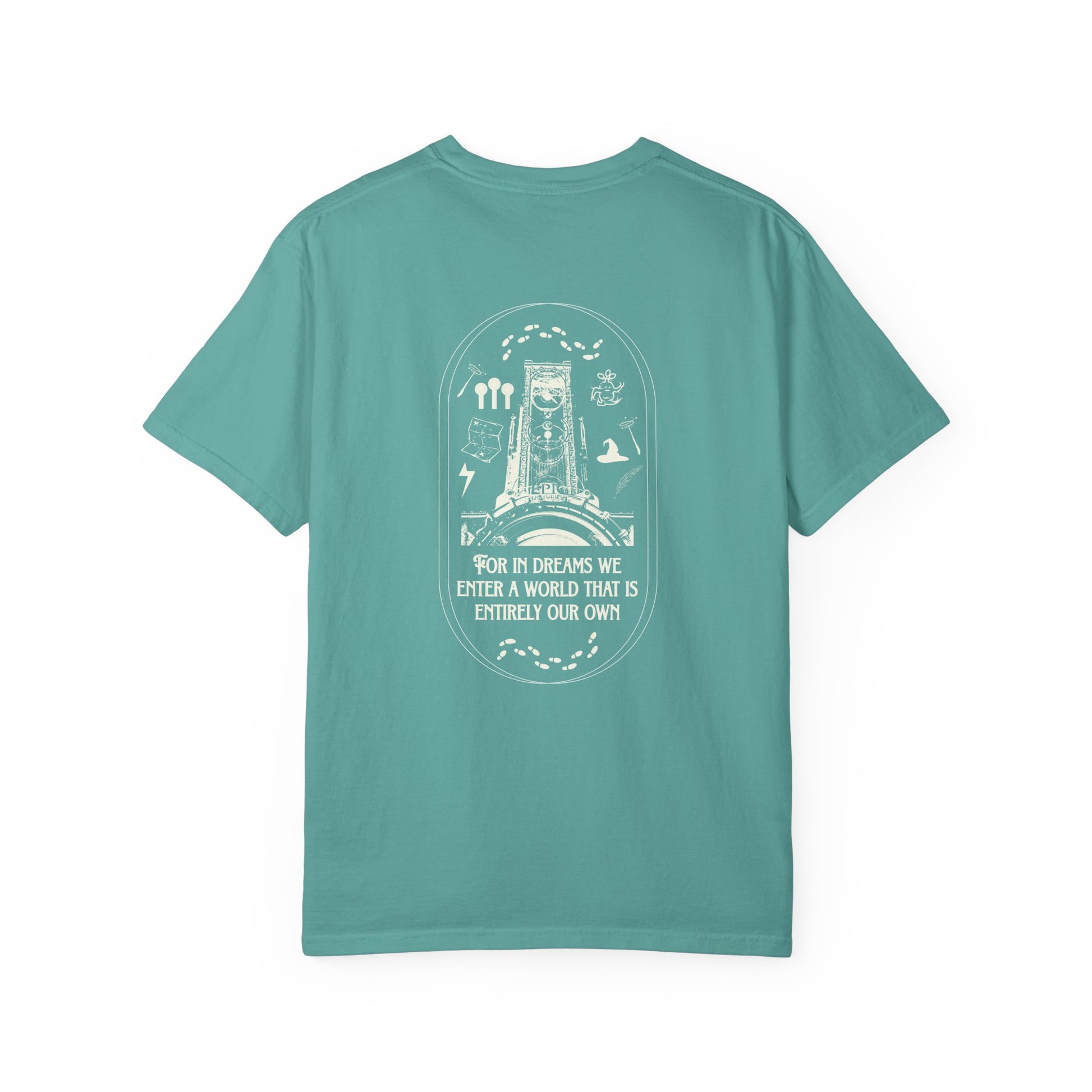 Teal t-shirt with white graphic and text on a white background