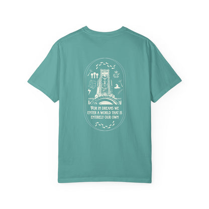 Teal t-shirt with white graphic and text on a white background
