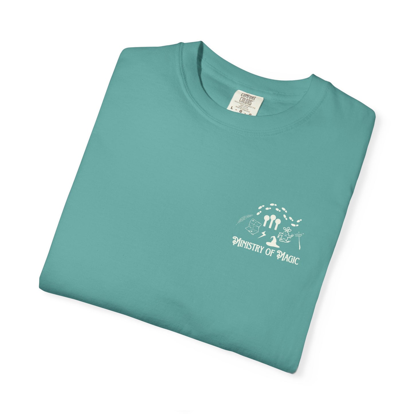 Folded teal t-shirt with a white graphic and text on a white background