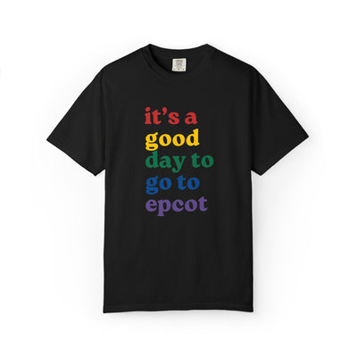 Black t-shirt with colorful text 'it's a good day to go to epcot' on a white background