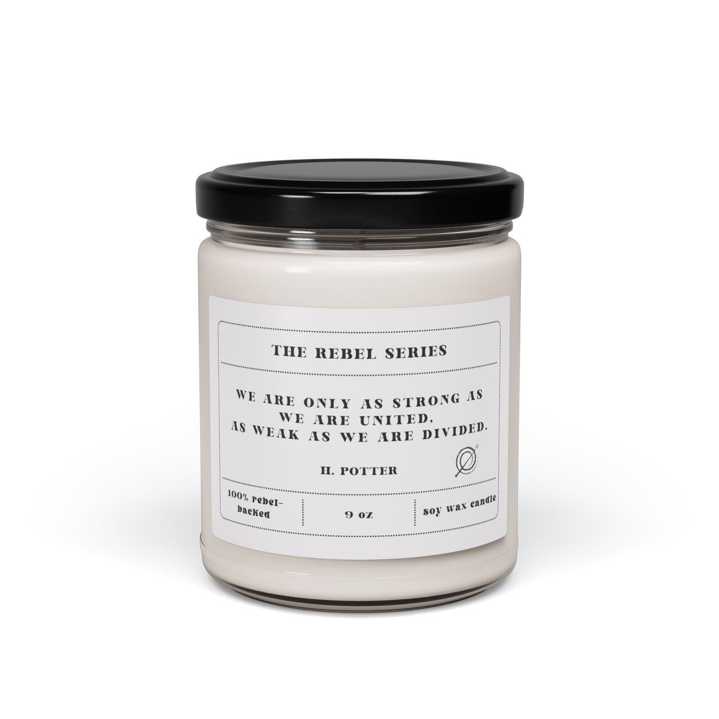 Candle jar with a label featuring a quote from H. Potter on a white background