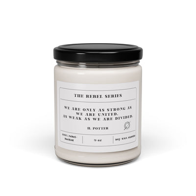 Candle jar with a label featuring a quote from H. Potter on a white background