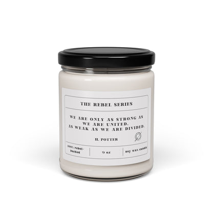 Candle jar with a label featuring a quote from H. Potter on a white background