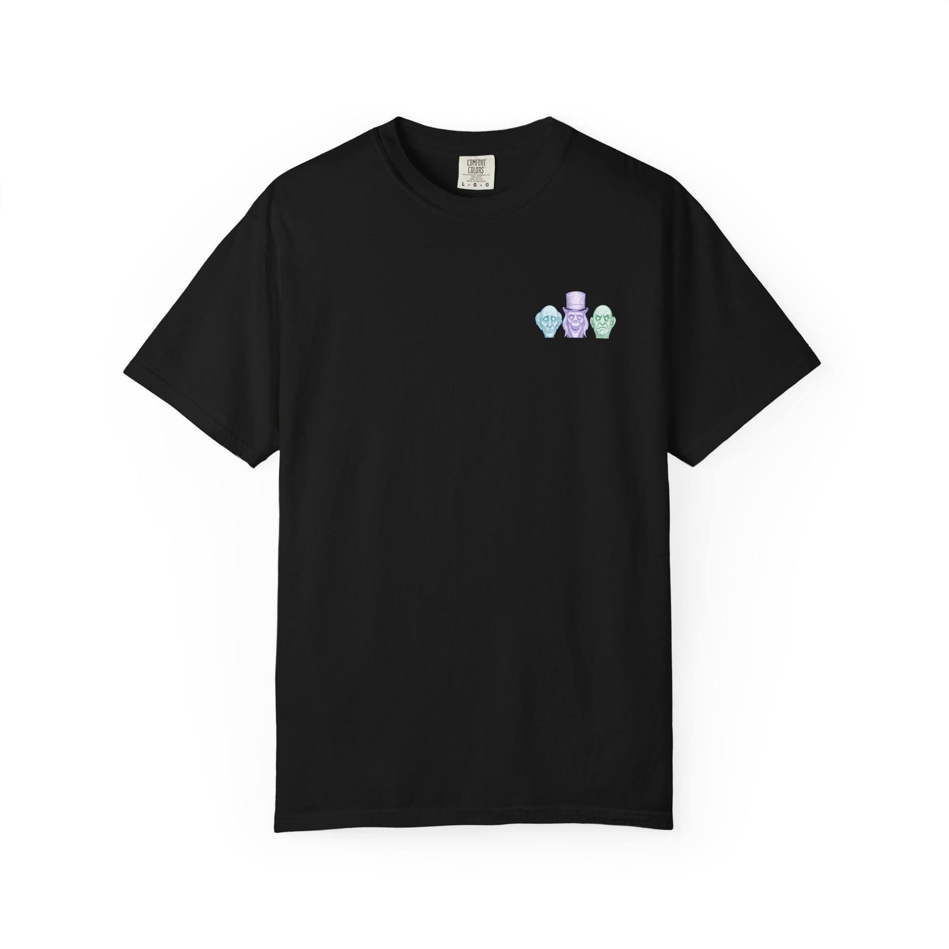 Black t-shirt with small colorful graphic on a white background