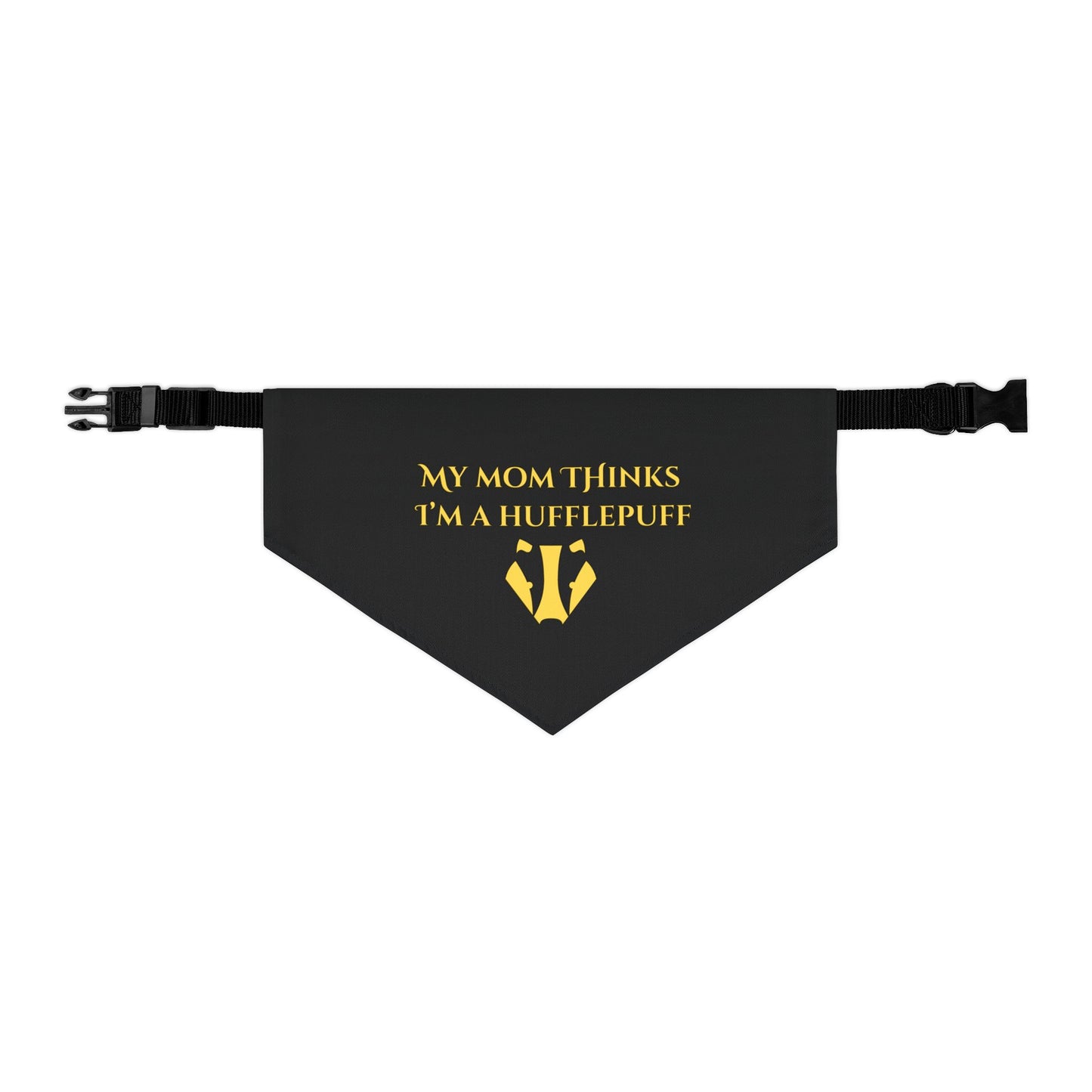 Black bandana with yellow text and Hufflepuff emblem on a white background